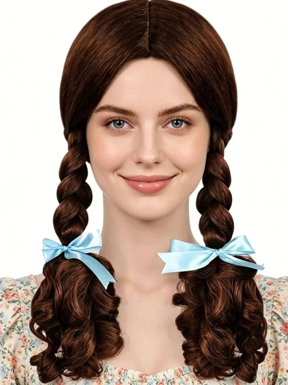 ANOGOL Wig Cap+(2 Blue Ribbons) Brown Long Wig with Double Braided Wigs